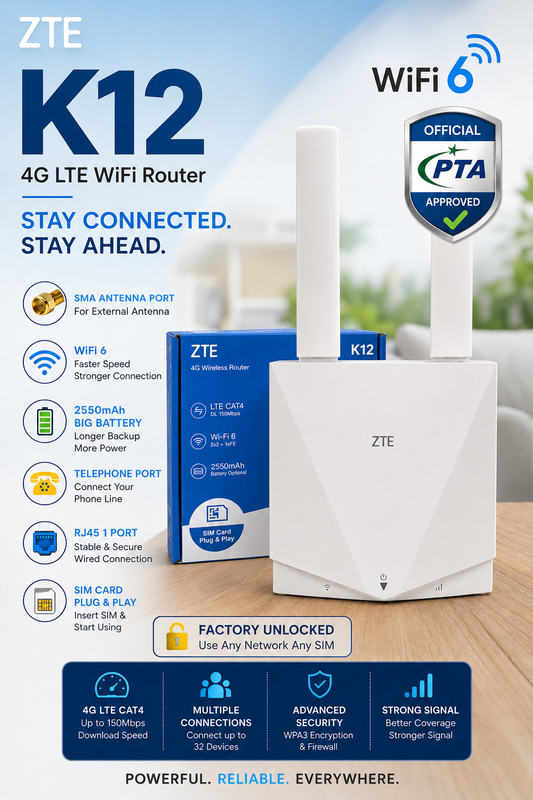 ZTE K12 WiFi 6 4G LTE Router | 2550mAh Battery & SMA Pin | PTA Approved