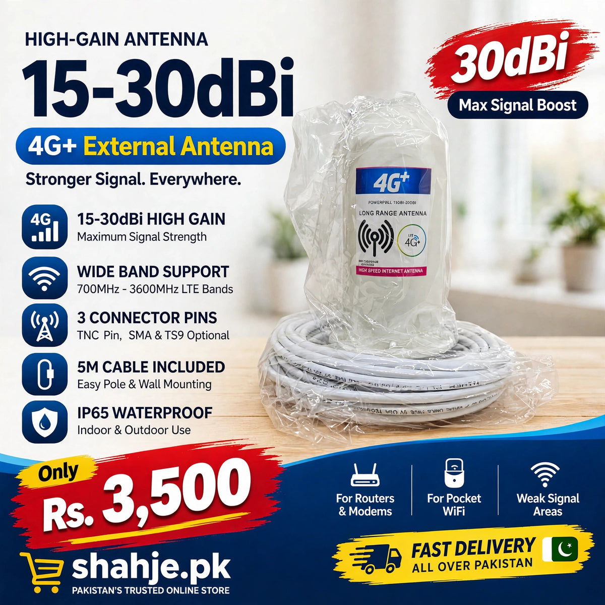 4G+ 15-30dBi High-Gain External Antenna - TNC Pin, SMA & TS9 Optional, 5M Cable - Rs. 3,500