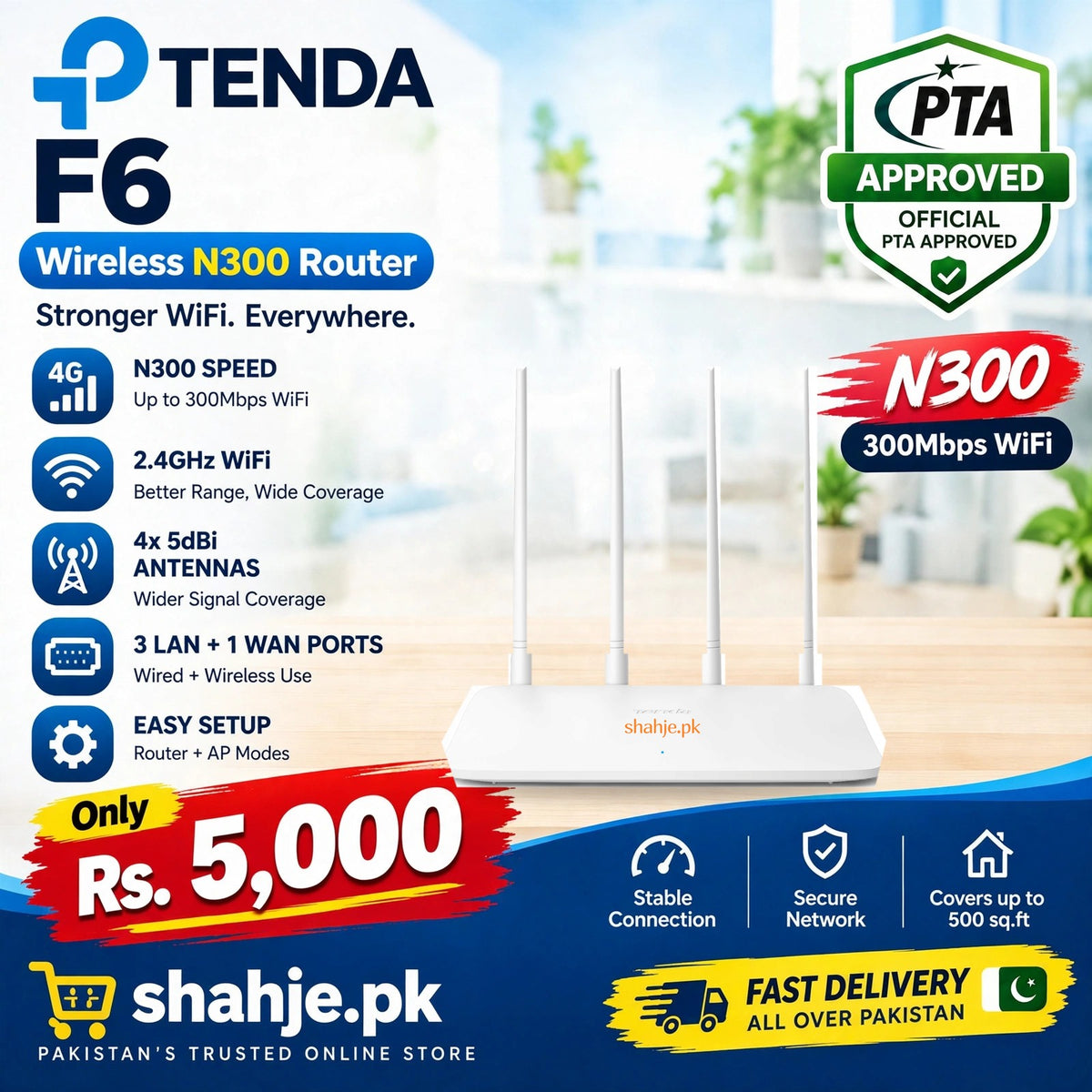 Tenda F6 Wireless N300 Router 4 Antennas PTA Approved - Rs. 5,000