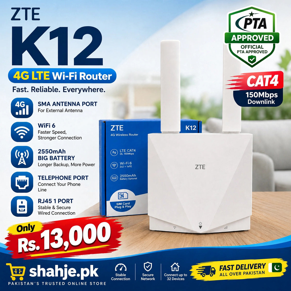 ZTE K12 WiFi 6 4G LTE Router - 2550mAh Battery, SMA Antenna, PTA Approved - Rs. 13,000