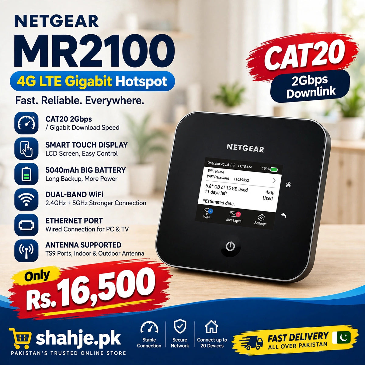 Netgear Nighthawk M2 MR2100 Cat20 4G LTE Hotspot - 5040mAh, TS9 Antenna Ports - Rs. 16,500