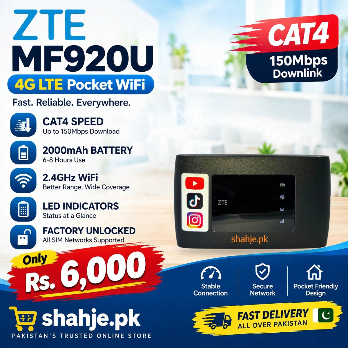 ZTE MF920U 4G LTE Pocket WiFi Cat4 2000mAh LED Indicators - Rs. 6,000