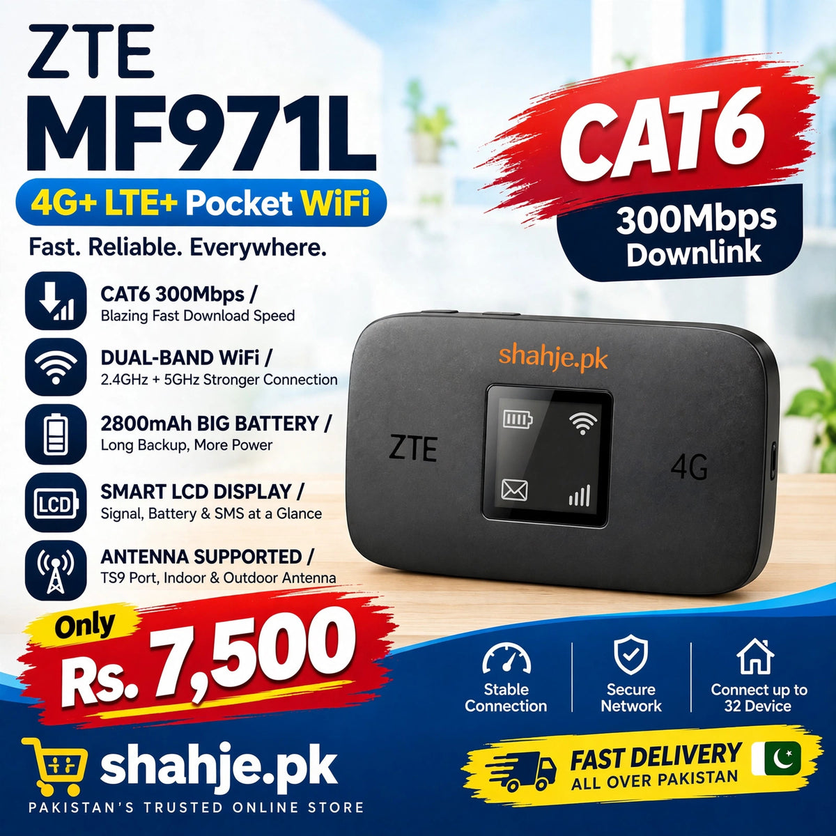 ZTE MF971L 4G+ LTE+ Pocket WiFi - Cat6 300Mbps, 2800mAh, Antenna Supported - Rs. 7,500