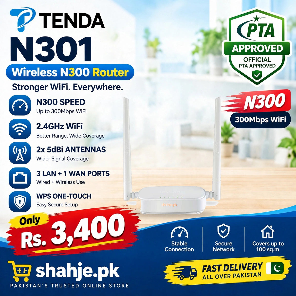 Tenda N301 Wireless N300 Router PTA Approved 2x 5dBi Antennas - Rs. 3,400