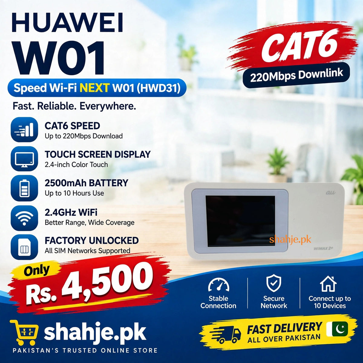 Huawei Speed Wi-Fi NEXT W01 HWD31 Cat6 Pocket WiFi Touchscreen 2500mAh - Rs. 4,500